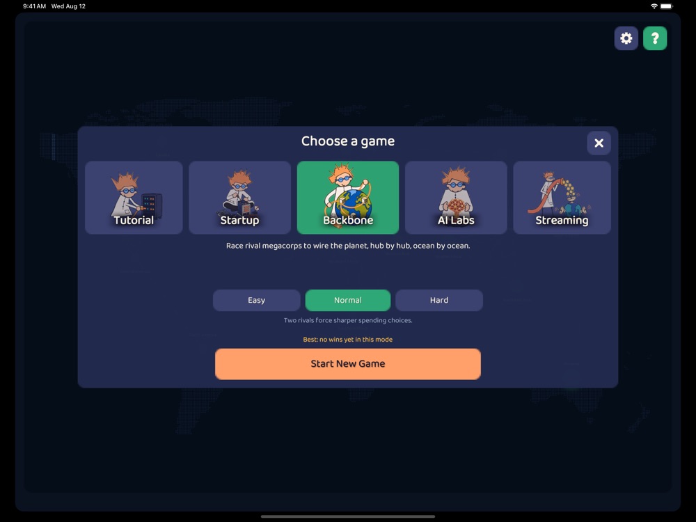 The four game modes on the start screen